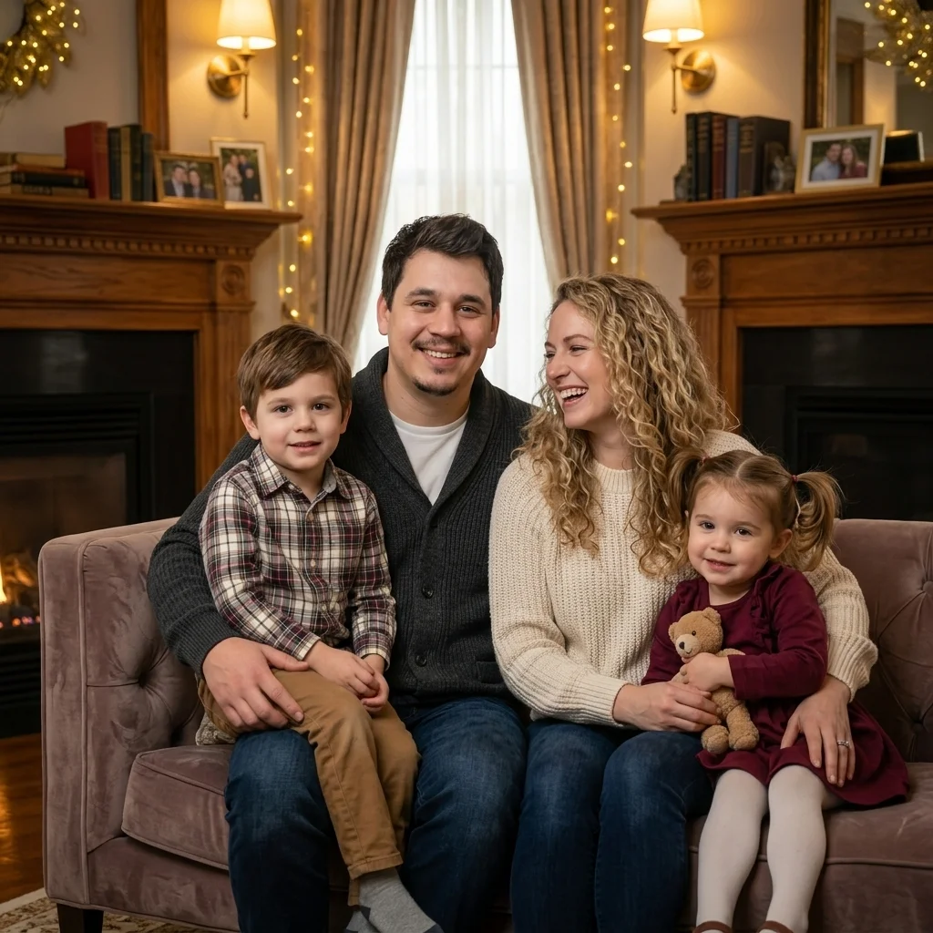 Alexandre D'Astous, Diretor Executivo da LuxeDrive, sorrindo feliz com sua família e filhos pequenos em um momento pessoal que reflete os valores humanos da marca.