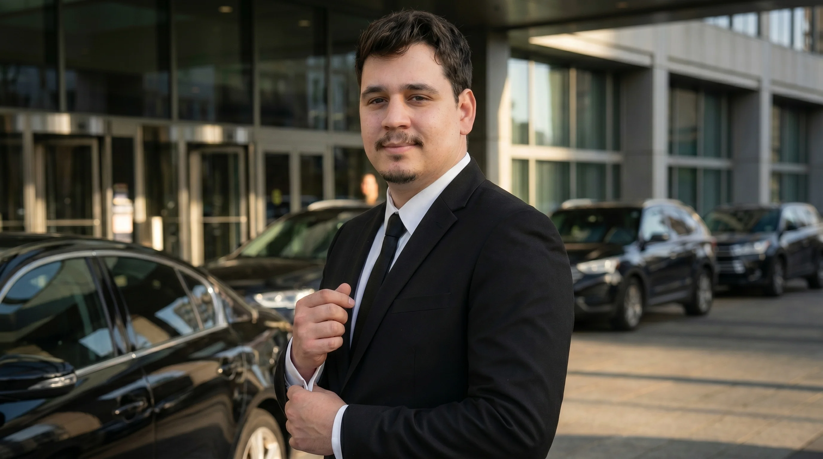 Retrato corporativo do Fundador e CEO da LuxeDrive, de terno e gravata, transmitindo a seriedade e o compromisso da marca com transporte executivo de elite.