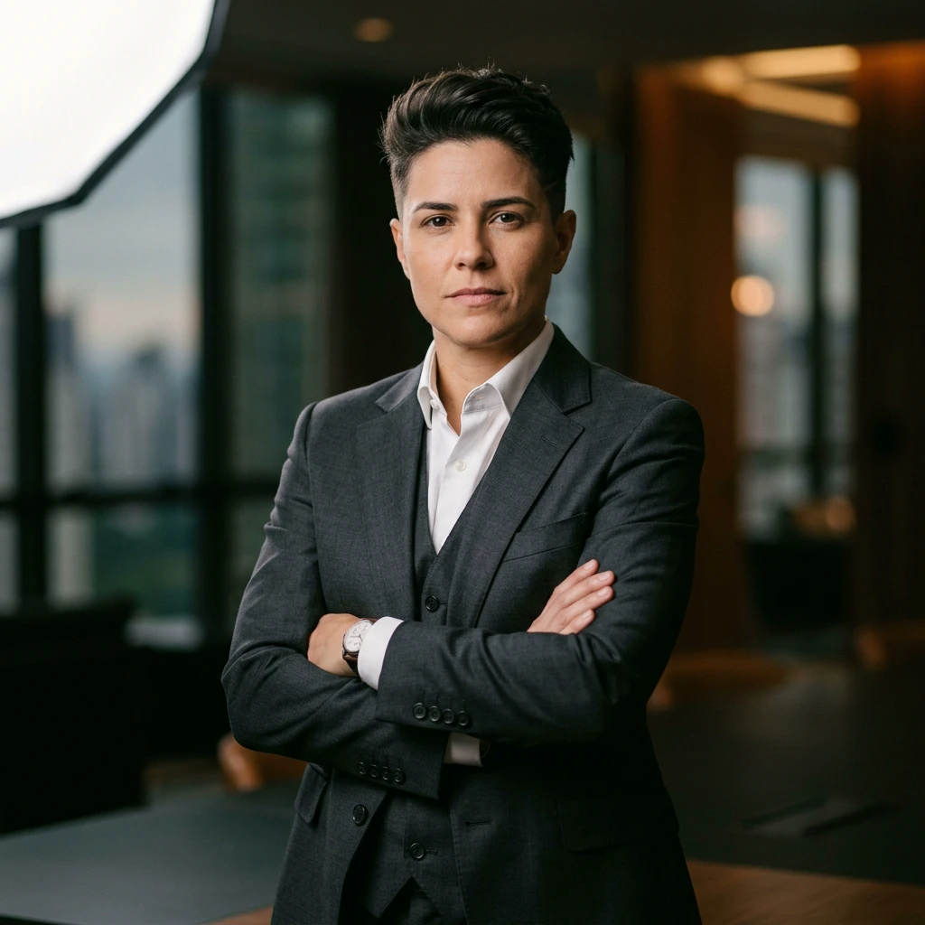 Carla Fontes, Chief Operations Officer (COO) da LuxeDrive, posando de braços cruzados com olhar confiante em terno cinza escuro, coordenando a logística e segurança da frota de luxo.