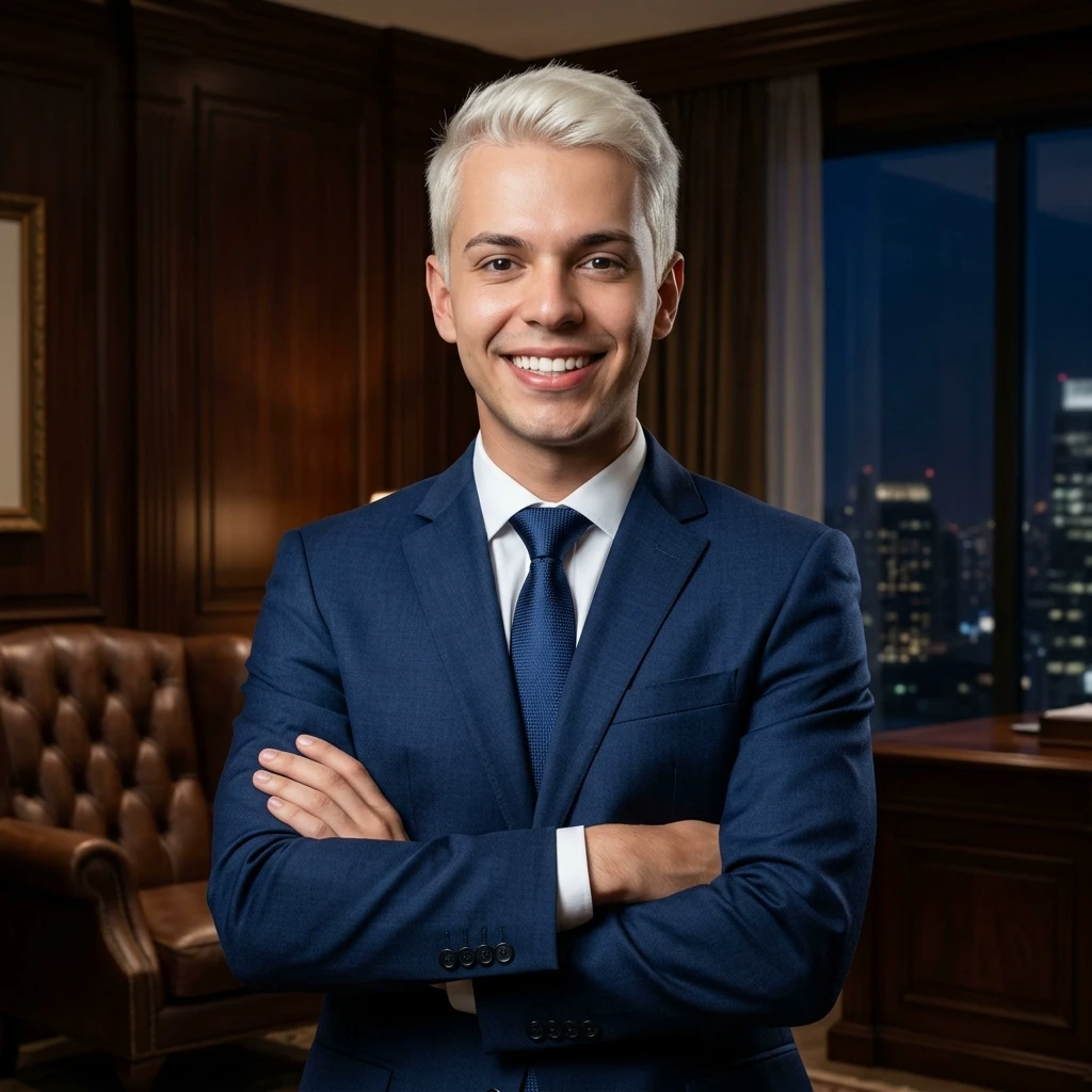 Felipe D'Avila, Chief Experience Officer (CXO) da LuxeDrive, sorrindo de forma acolhedora em terno slim azul marinho com broche dourado, liderando o relacionamento e atendimento premium.