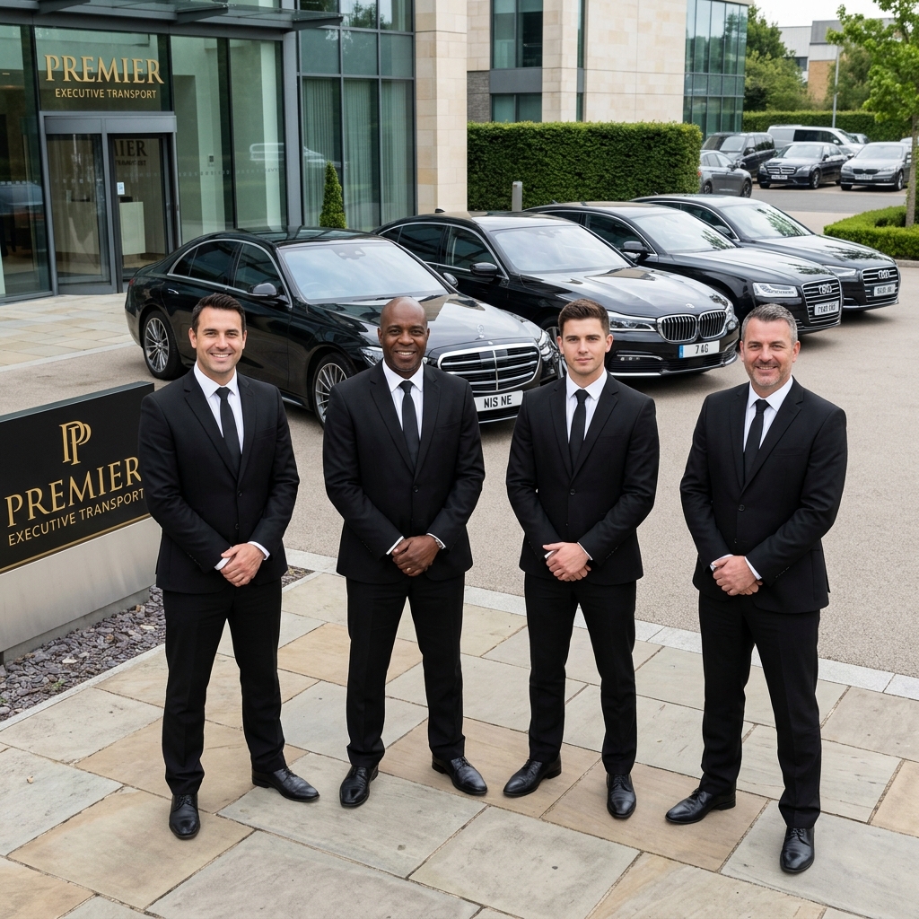 Equipe de motoristas particulares de elite vestindo terno preto em frente à frota de carros executivos premium da LuxeDrive, prontos para atendimento corporativo.